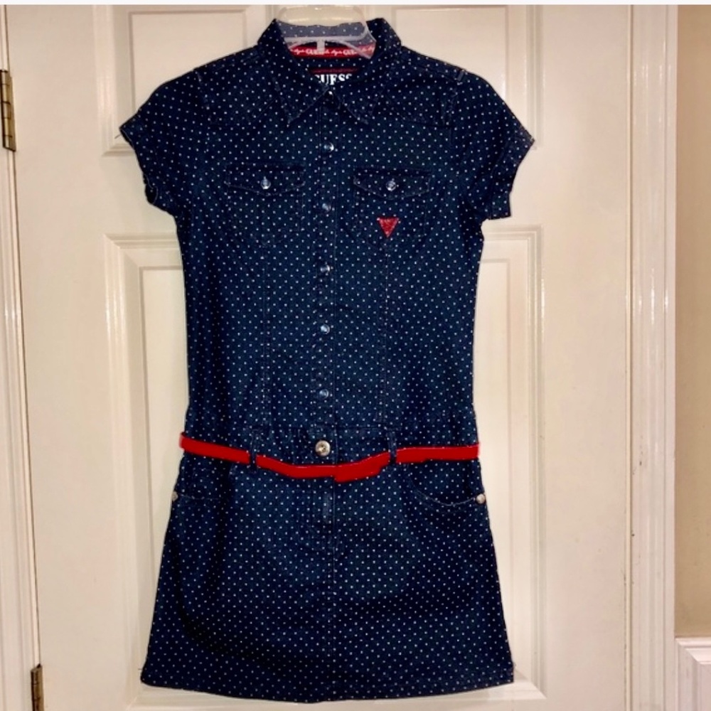GUESS Los Angeles Girls Denim Short Polka Dot Blue Dress Red Belt 16 Vintage